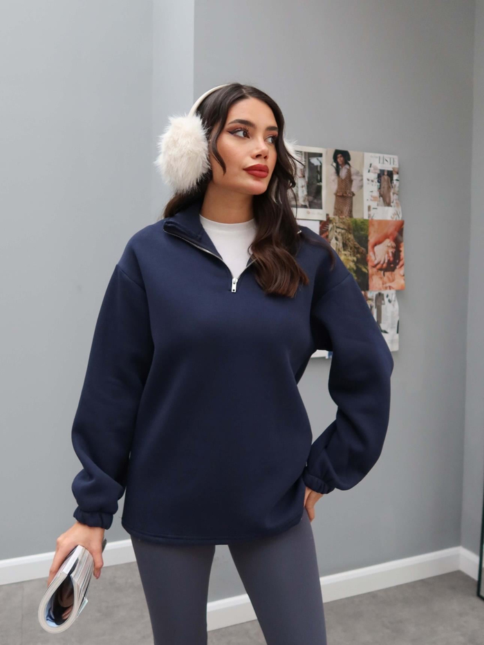 Dik Yaka Fermuarlı Düz Sweat
