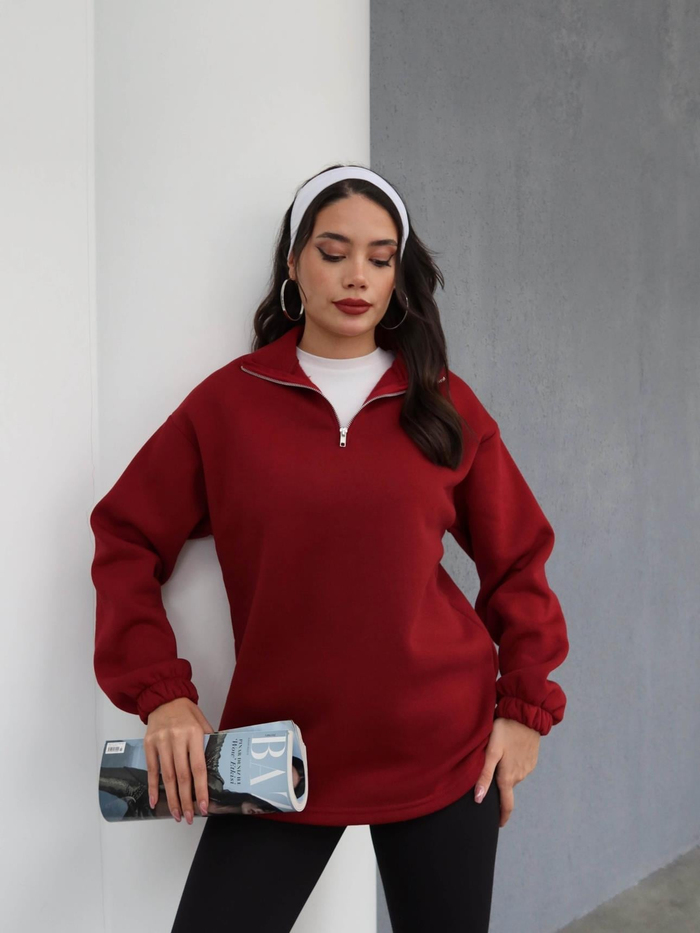 Dik Yaka Fermuarlı Düz Sweat