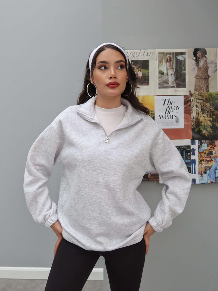 Dik Yaka Fermuarlı Düz Sweat