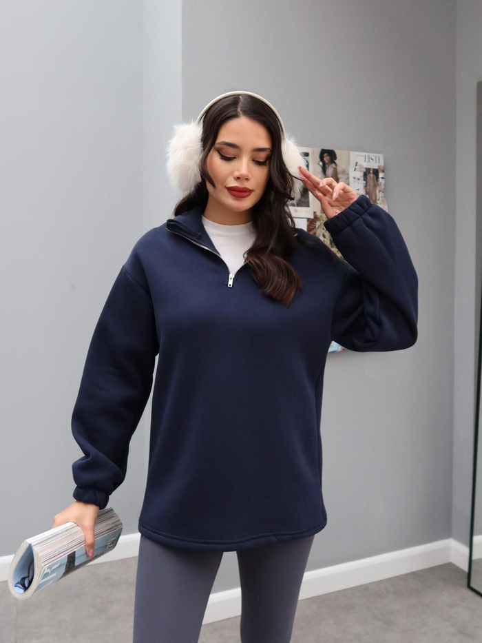 Dik Yaka Fermuarlı Düz Sweat
