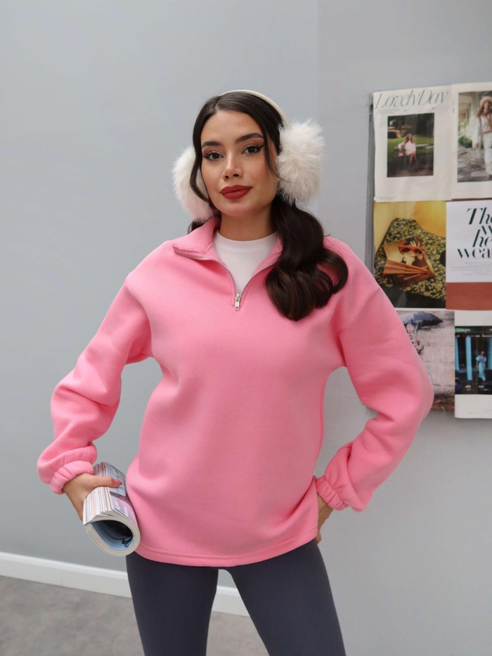 Dik Yaka Fermuarlı Düz Sweat