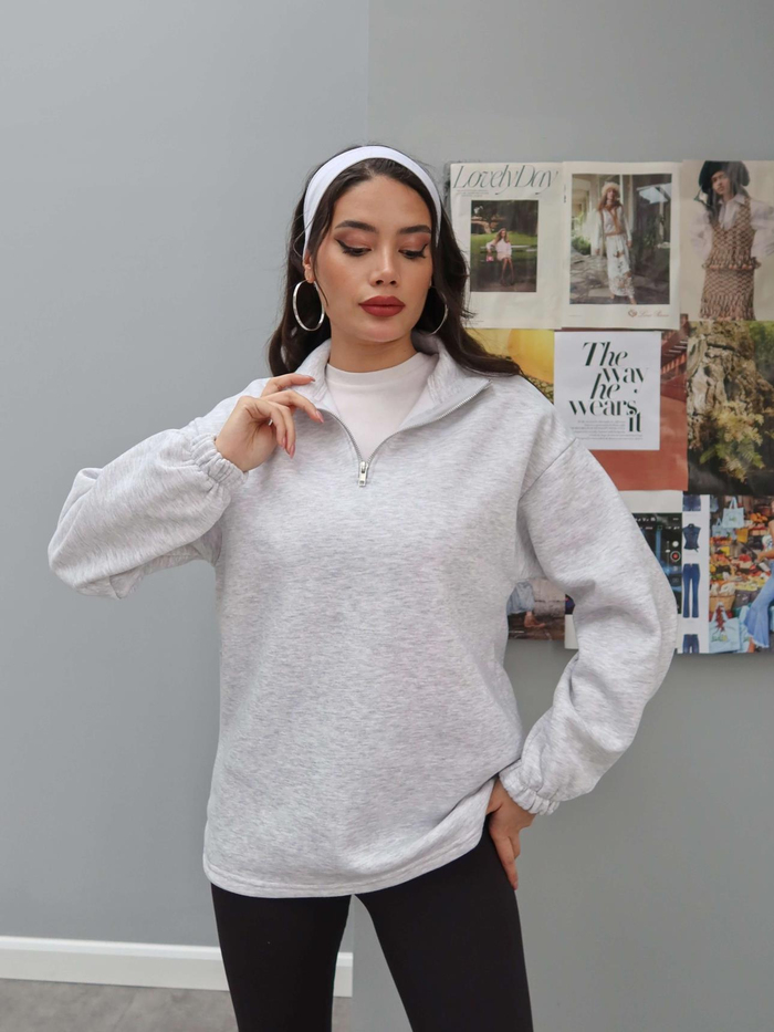 Dik Yaka Fermuarlı Düz Sweat