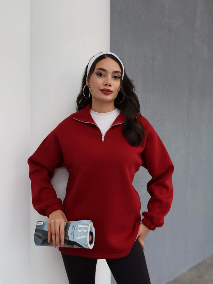 Dik Yaka Fermuarlı Düz Sweat