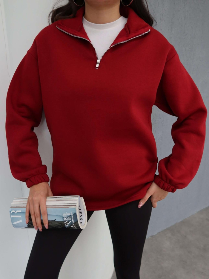 Dik Yaka Fermuarlı Düz Sweat