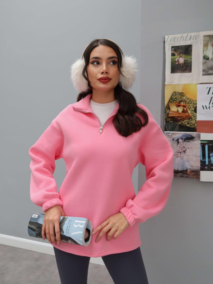 Dik Yaka Fermuarlı Düz Sweat