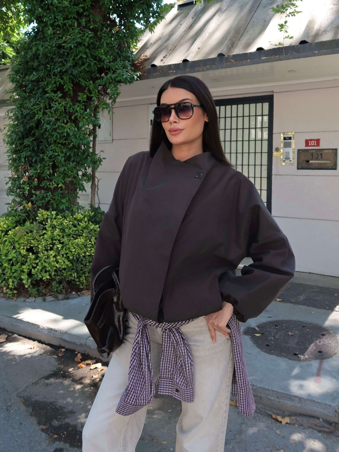 Dik Yaka Gizli Düğmeli Trench