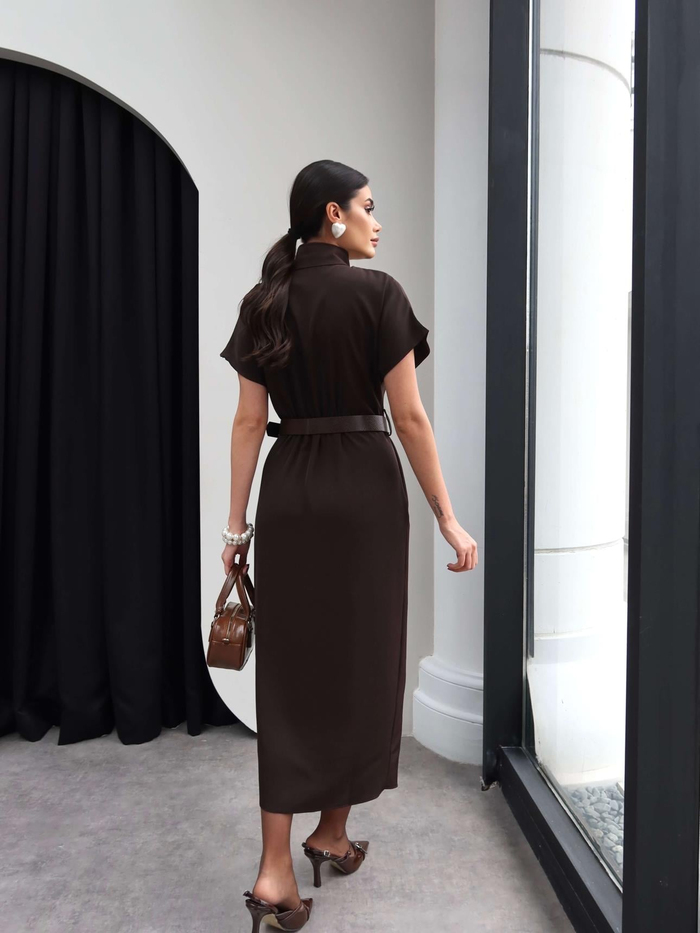 Dik Yaka Kemerli Midi Elbise