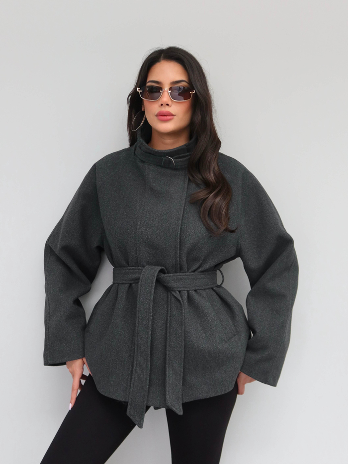 Dik Yaka Kemerli Oversize Kaşe Kaban