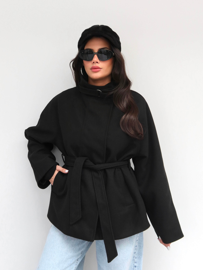Dik Yaka Kemerli Oversize Kaşe Kaban