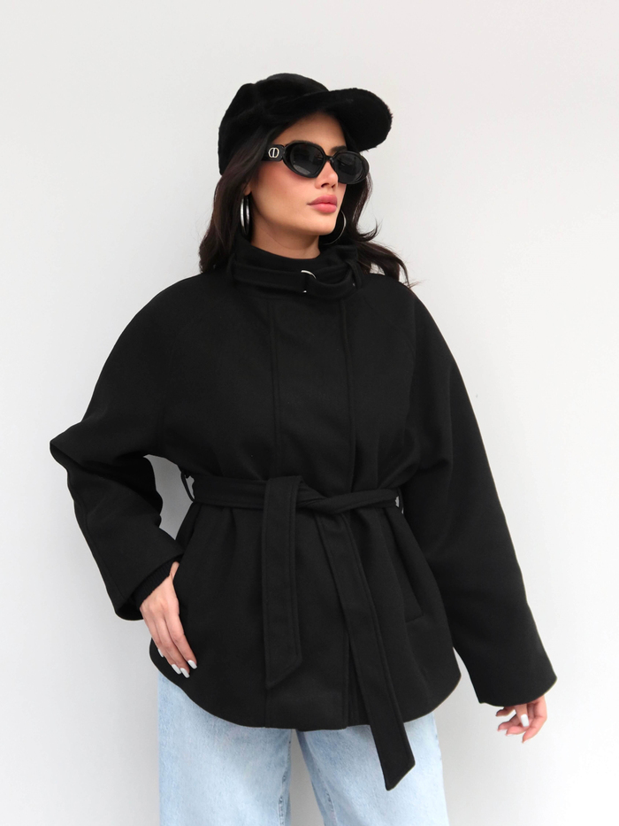 Dik Yaka Kemerli Oversize Kaşe Kaban