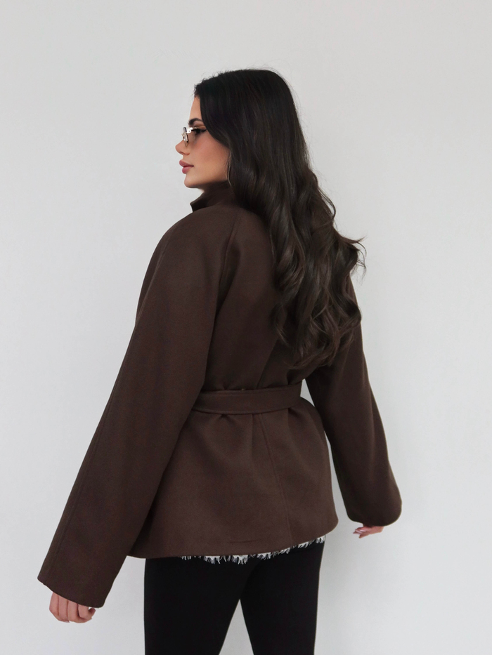 Dik Yaka Kemerli Oversize Kaşe Kaban