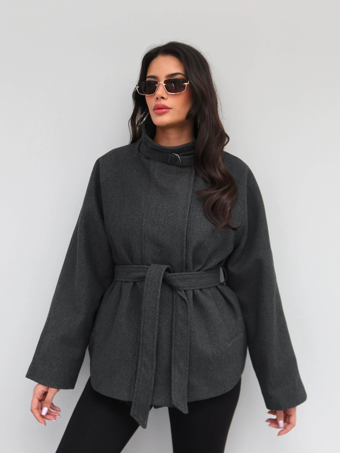 Dik Yaka Kemerli Oversize Kaşe Kaban