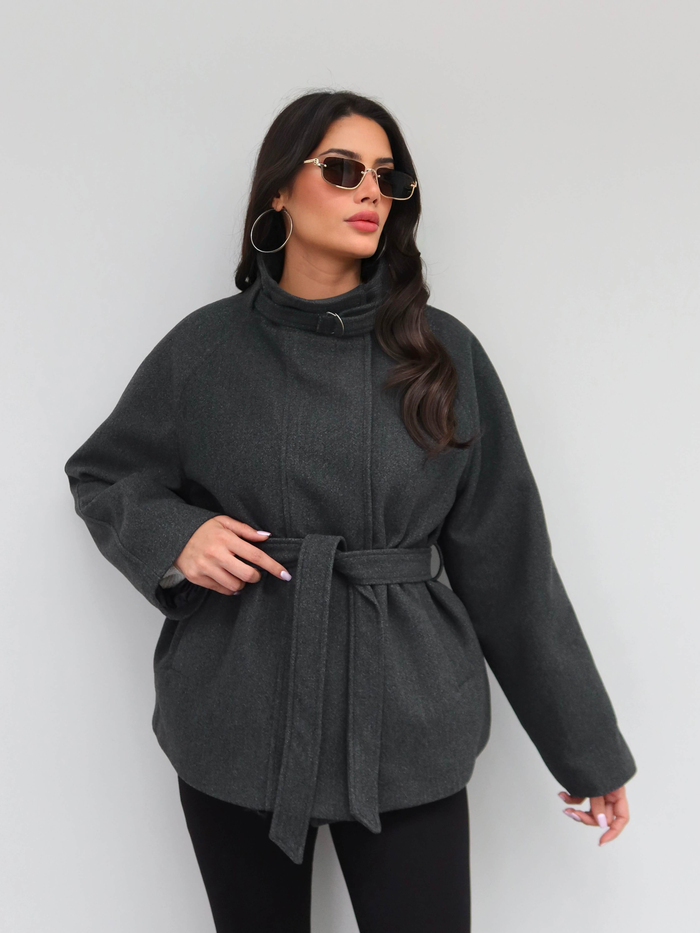 Dik Yaka Kemerli Oversize Kaşe Kaban