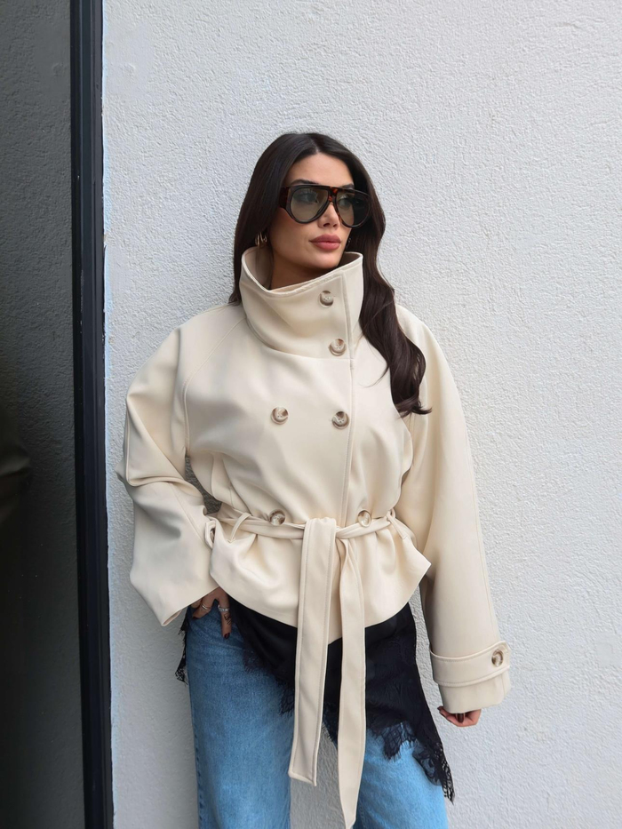 Dik Yaka Kuşaklı Kısa Trench