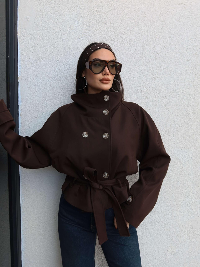 Dik Yaka Kuşaklı Kısa Trench