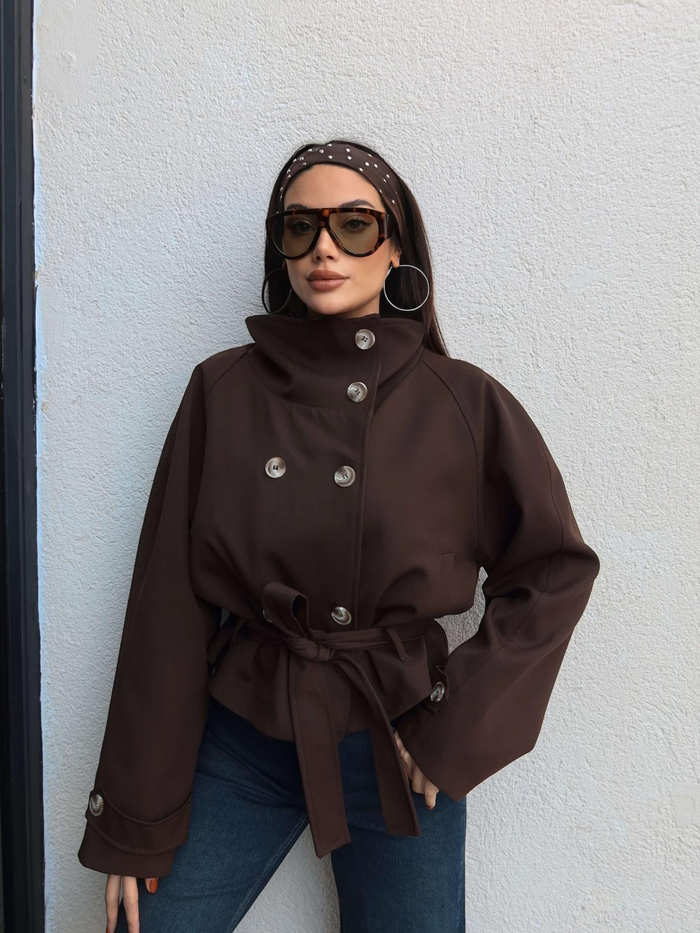 Dik Yaka Kuşaklı Kısa Trench