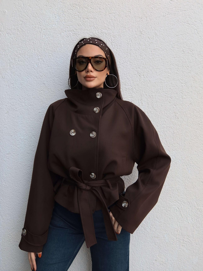 Dik Yaka Kuşaklı Kısa Trench