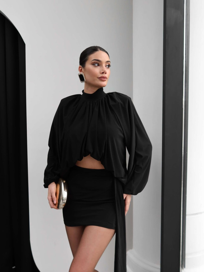 Dik Yaka Vatkalı Bluz Etek Takım