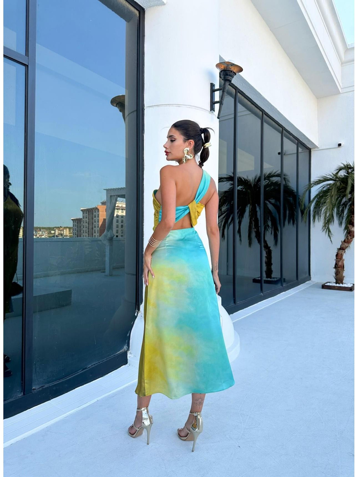 Double Color Saten Tek Omuz Elbise
