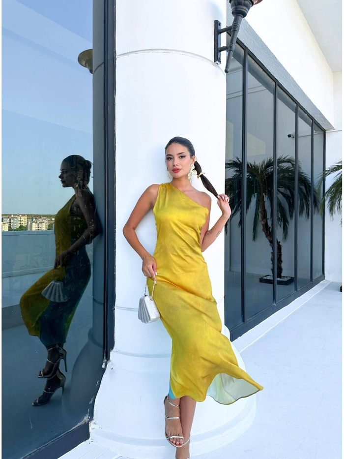 Double Color Saten Tek Omuz Elbise