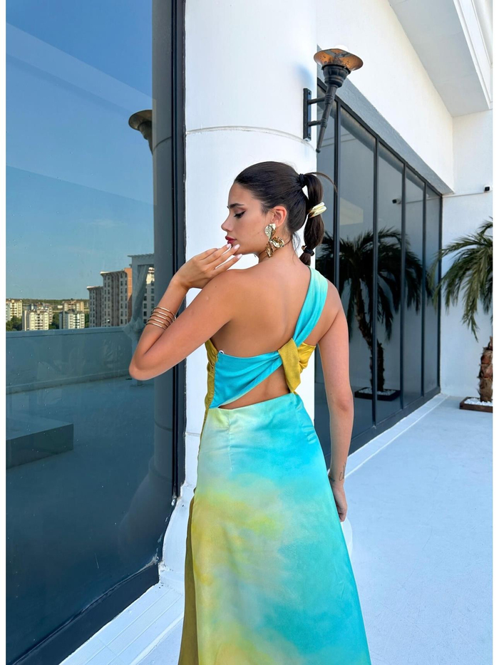 Double Color Saten Tek Omuz Elbise