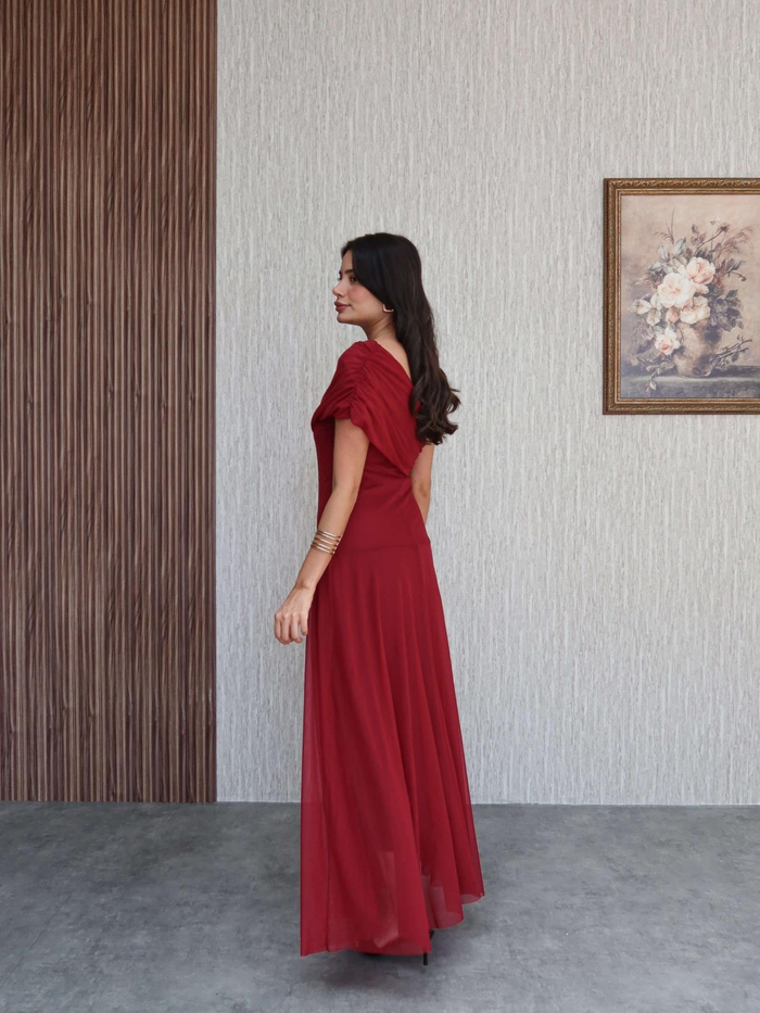 Drapeli Şal Yaka Uzun Elbise