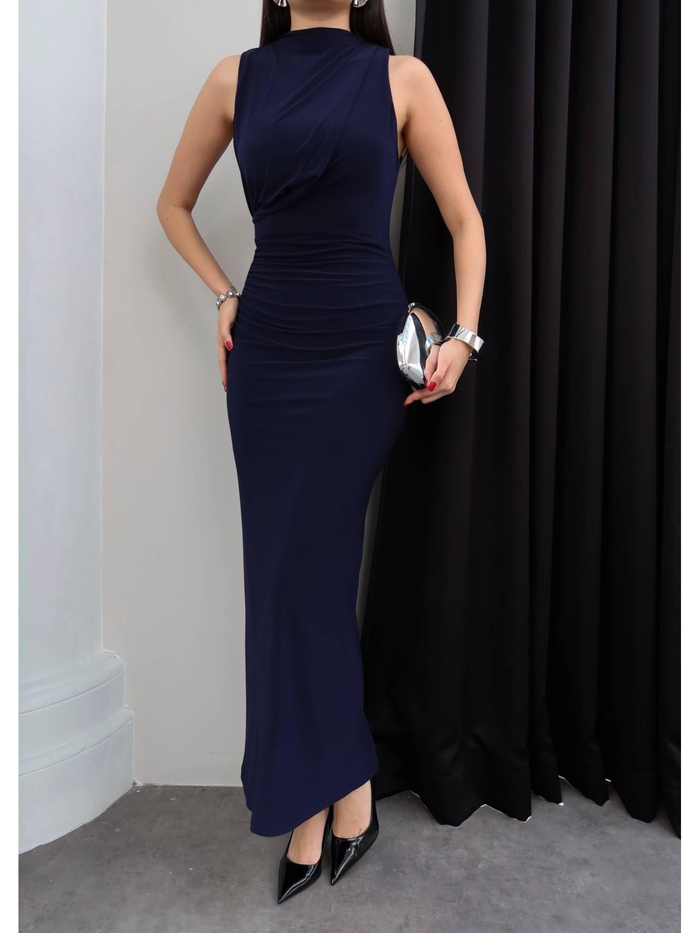 Drapeli Yırtmaçlı Midi Elbise