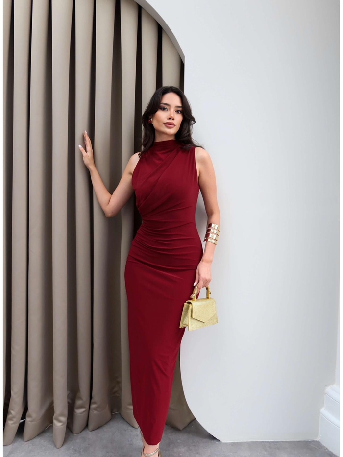 Drapeli Yırtmaçlı Midi Elbise