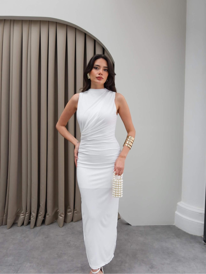 Drapeli Yırtmaçlı Midi Elbise