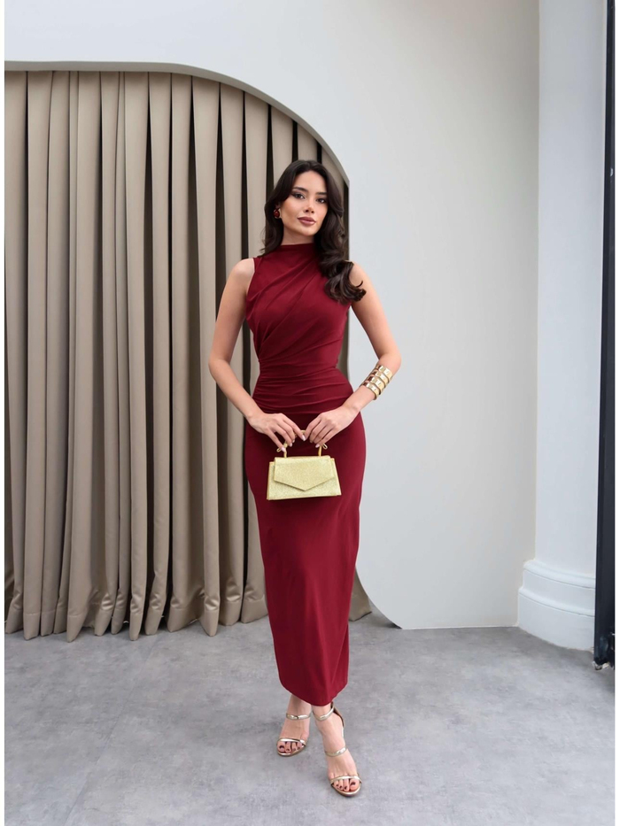 Drapeli Yırtmaçlı Midi Elbise