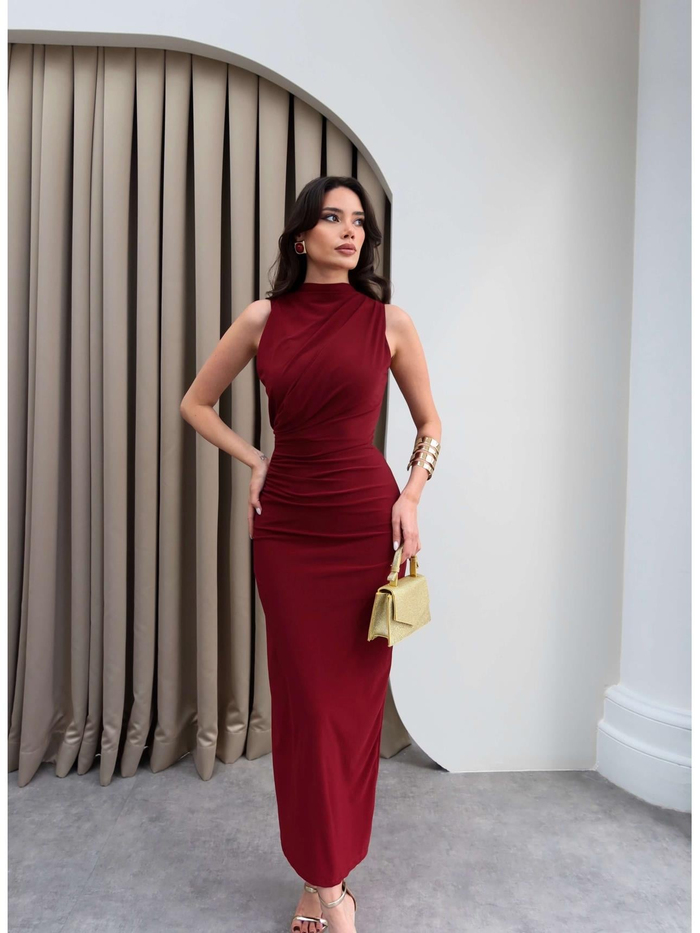 Drapeli Yırtmaçlı Midi Elbise