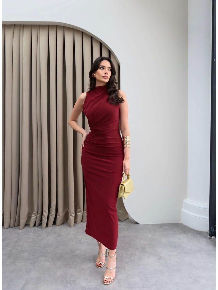 Drapeli Yırtmaçlı Midi Elbise