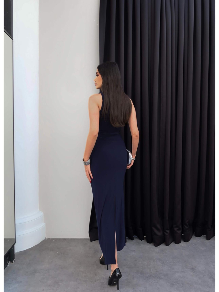 Drapeli Yırtmaçlı Midi Elbise