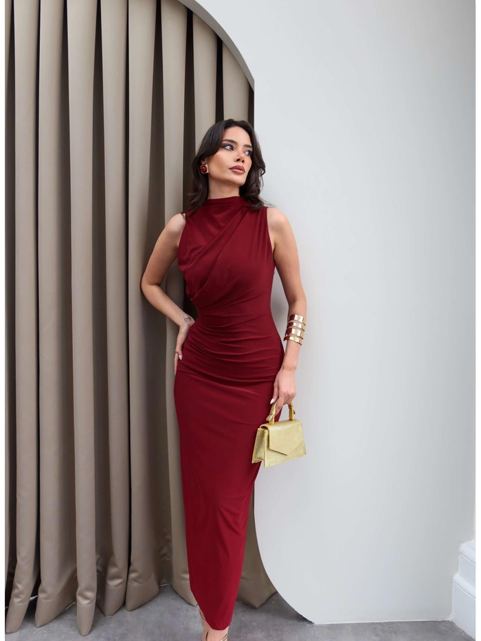 Drapeli Yırtmaçlı Midi Elbise