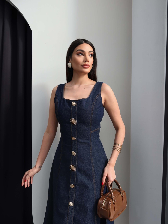 Düğme Detay Bel Bağlamalı Denim Elbise