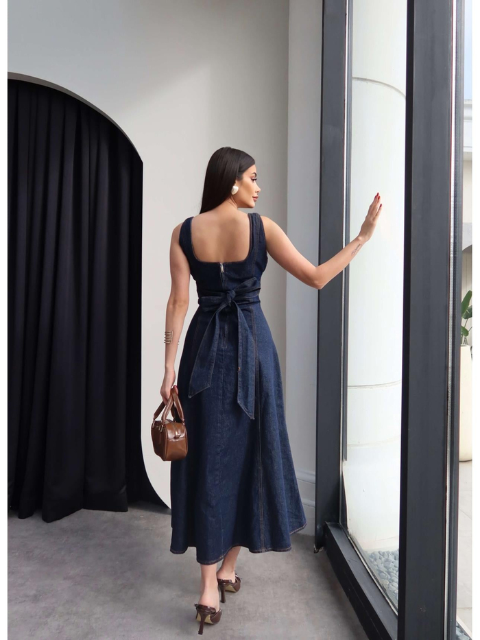 Düğme Detay Bel Bağlamalı Denim Elbise