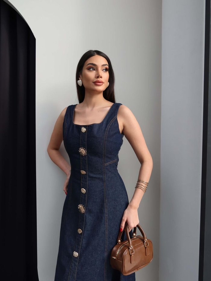 Düğme Detay Bel Bağlamalı Denim Elbise
