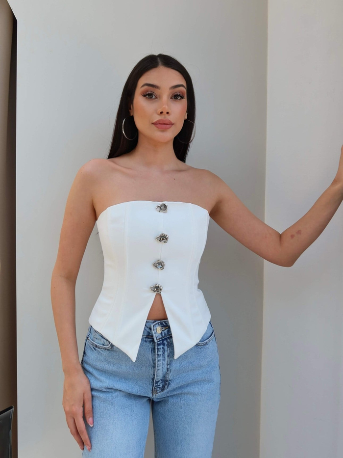 Düğme Detaylı Straplez Bluz
