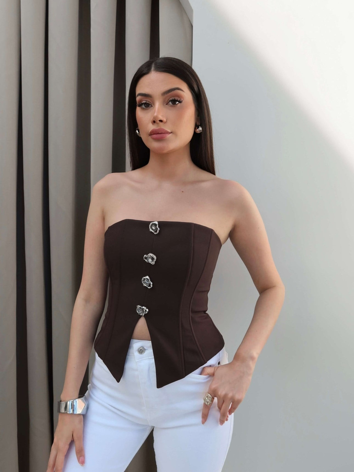 Düğme Detaylı Straplez Bluz