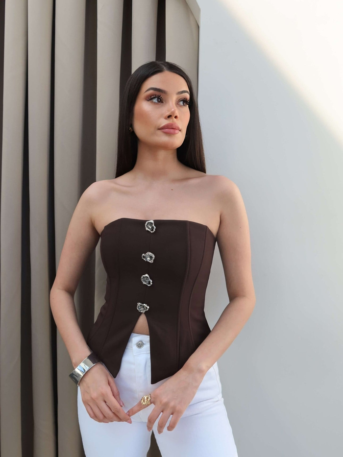 Düğme Detaylı Straplez Bluz