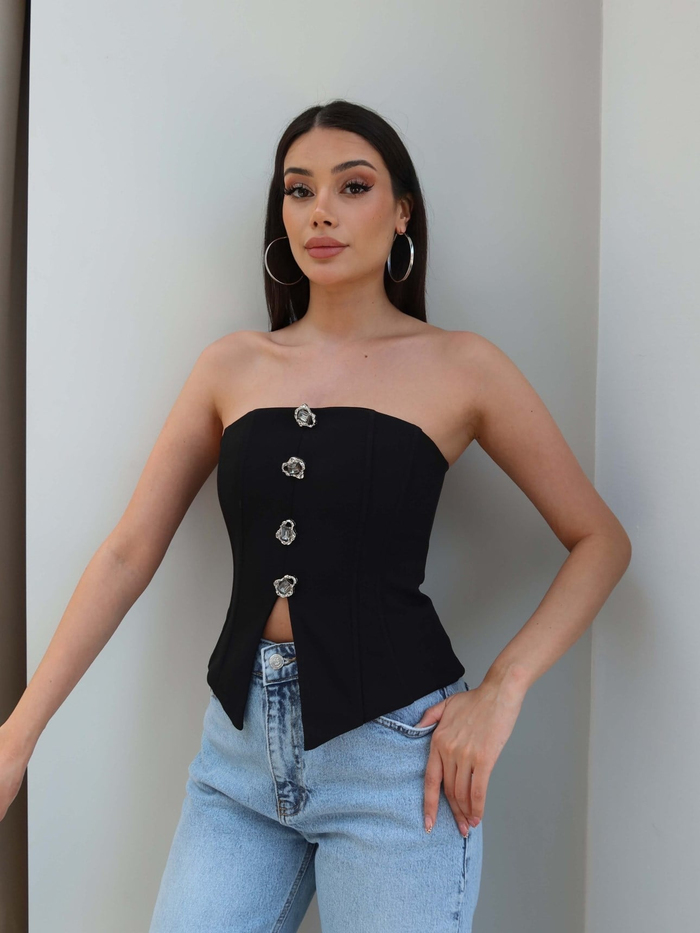 Düğme Detaylı Straplez Bluz