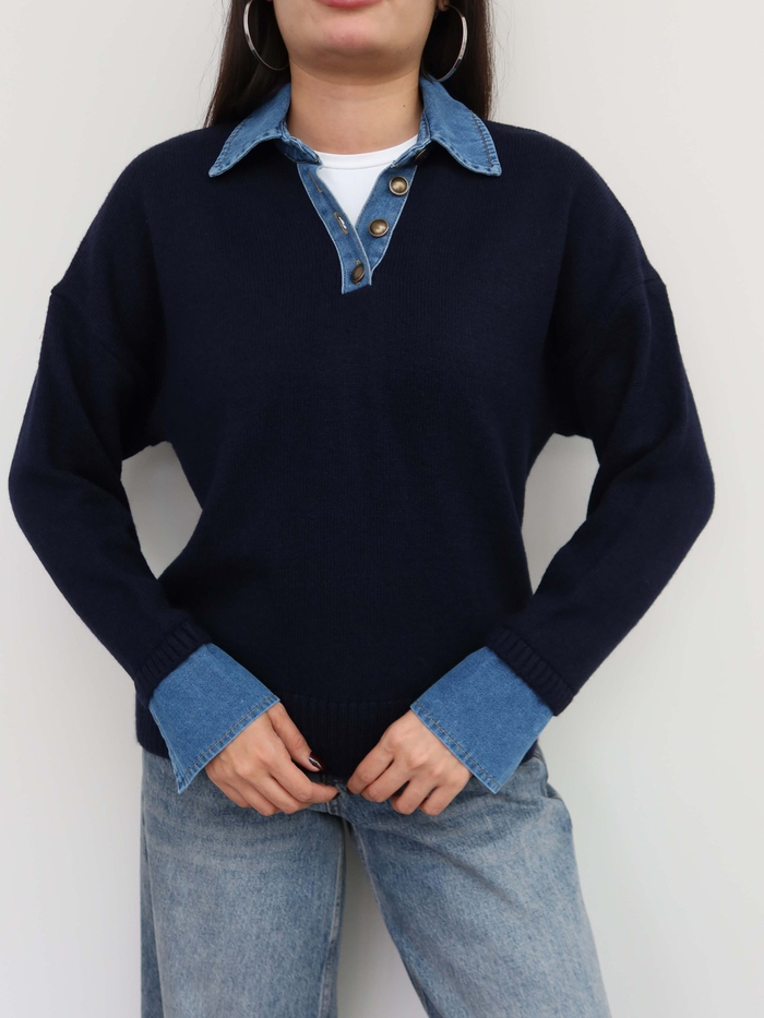 Düğmeli Denim Detay Triko Kazak