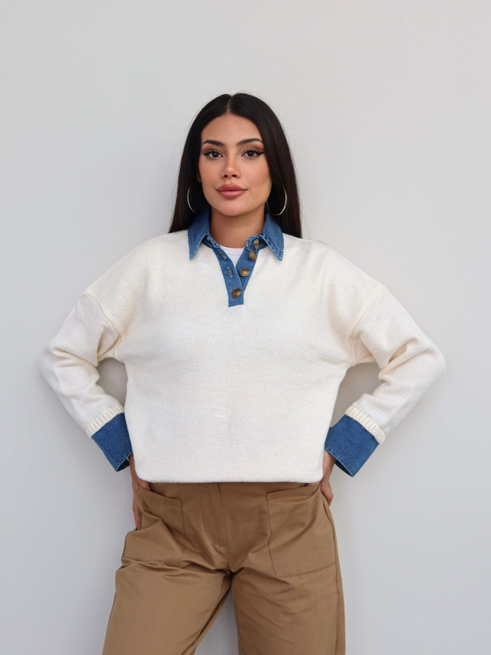 Düğmeli Denim Detay Triko Kazak