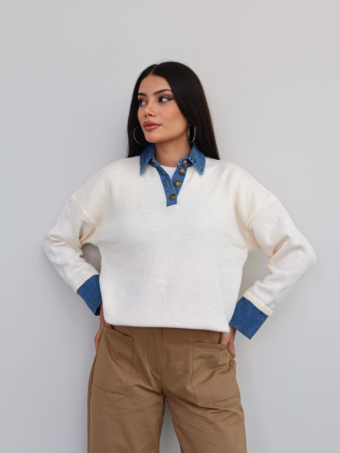 Düğmeli Denim Detay Triko Kazak
