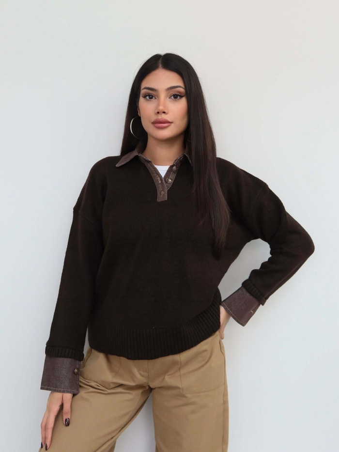 Düğmeli Denim Detay Triko Kazak