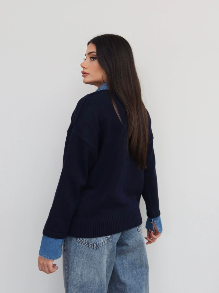 Düğmeli Denim Detay Triko Kazak