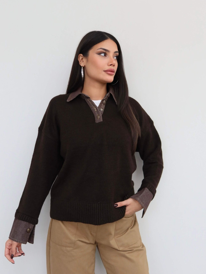 Düğmeli Denim Detay Triko Kazak