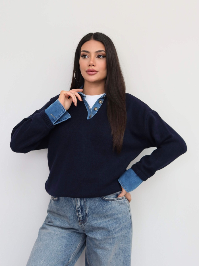 Düğmeli Denim Detay Triko Kazak