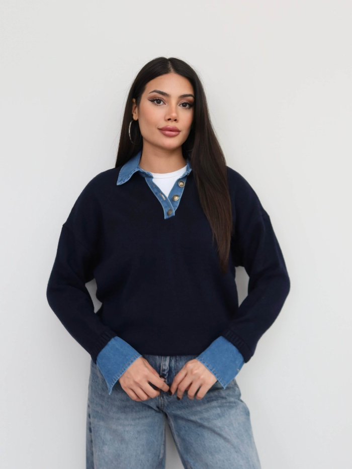 Düğmeli Denim Detay Triko Kazak