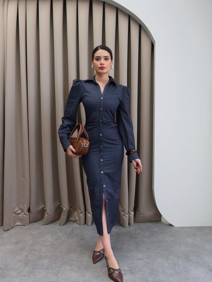 Düğmeli Tensel Denim Elbise